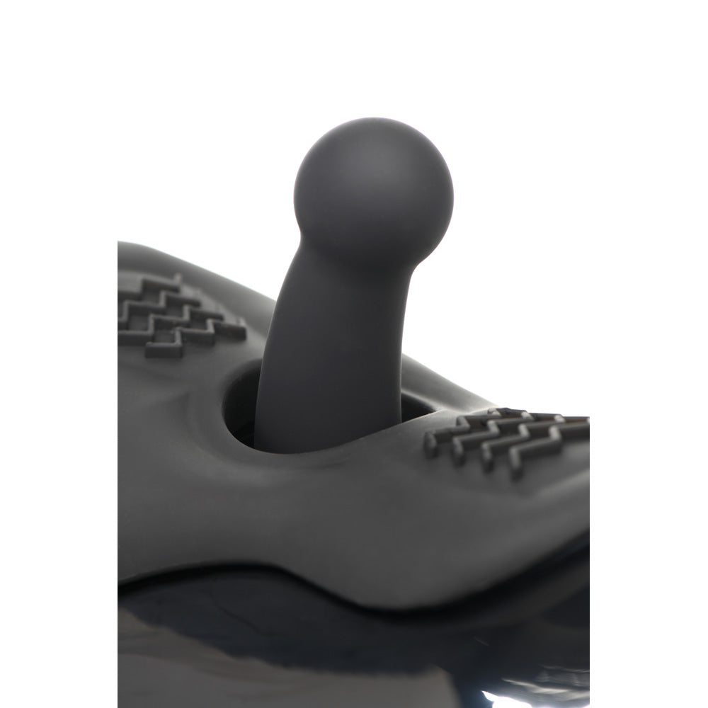 A black sex machine with a textured surface and a rounded tip.