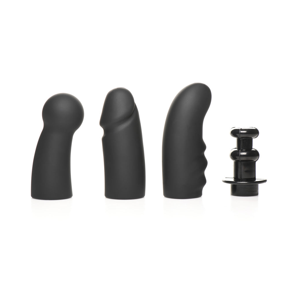 Four black silicone attachments for a sex machine, including a rounded tip, a phallic shape, a ribbed shape, and a plug.
