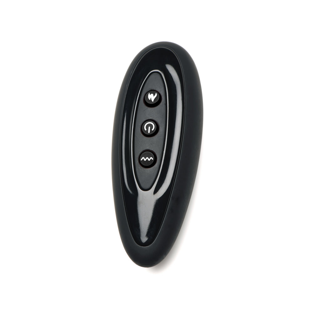 Black remote control with three buttons: W, power, and wave pattern.