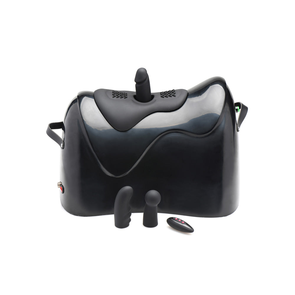 Black bucking saddle sex machine with attachments and remote.