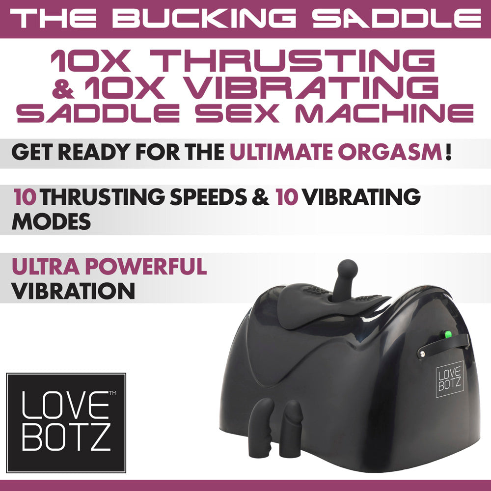 A black bucking saddle sex machine with text describing its features.