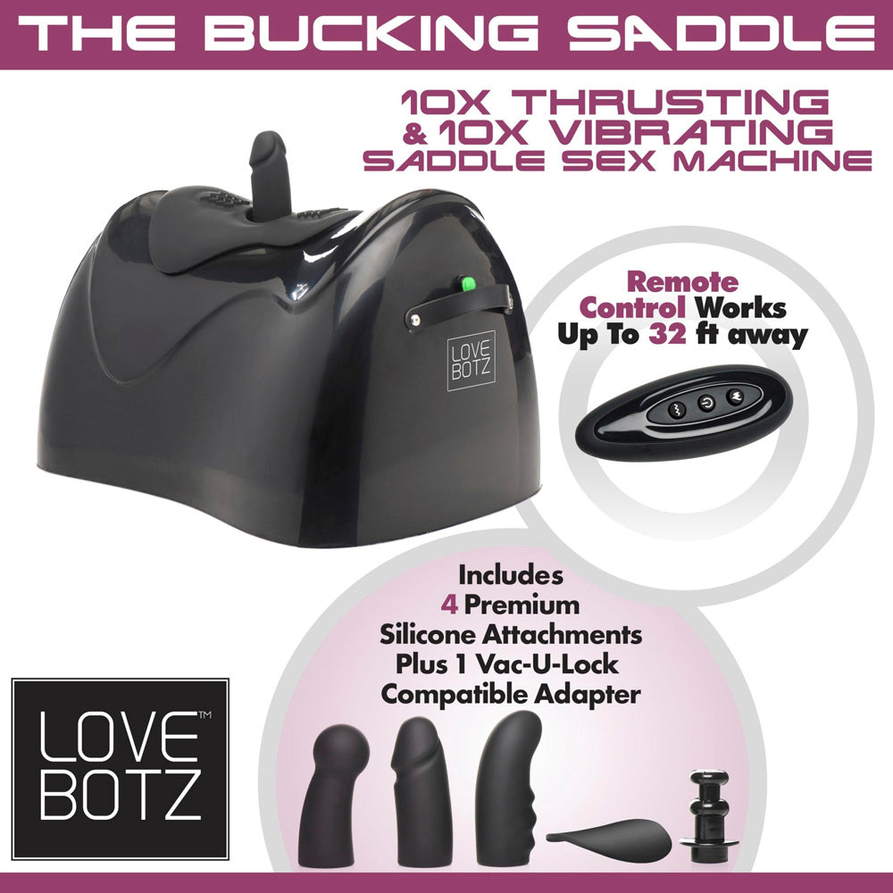 A black bucking saddle sex machine with a remote and four silicone attachments.