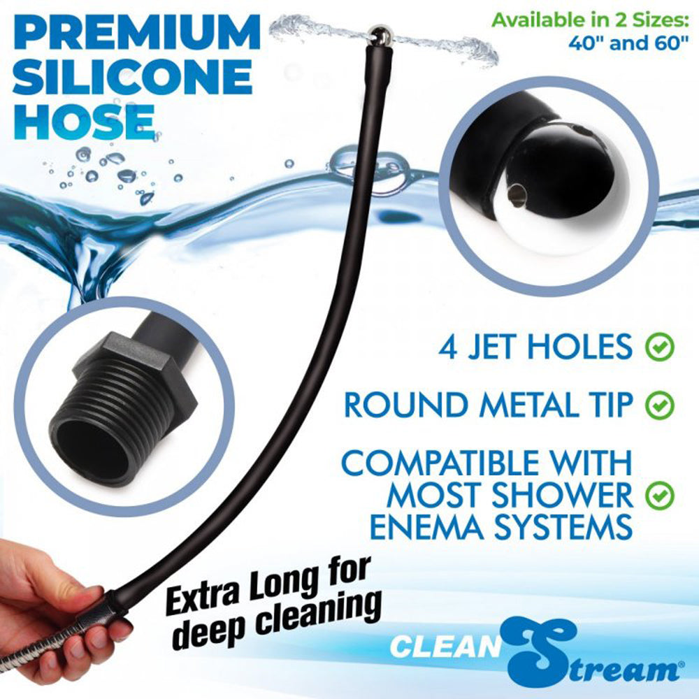 Silicone enema hose with a round metal tip and four jet holes.