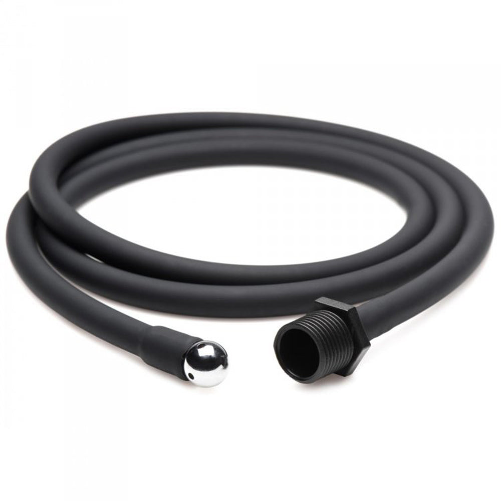 Black silicone enema hose with a metal tip and threaded connector.