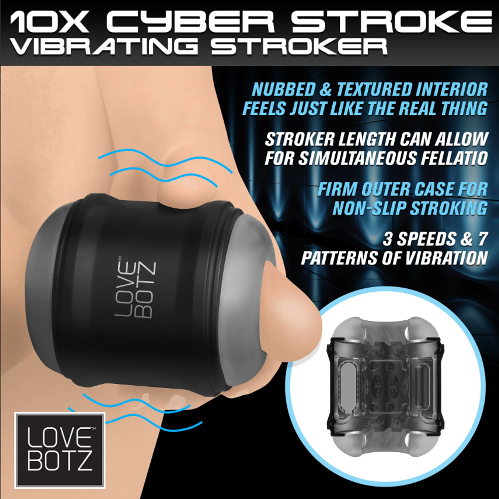 Cyber Stroke vibrating stroker with textured interior and firm outer case.