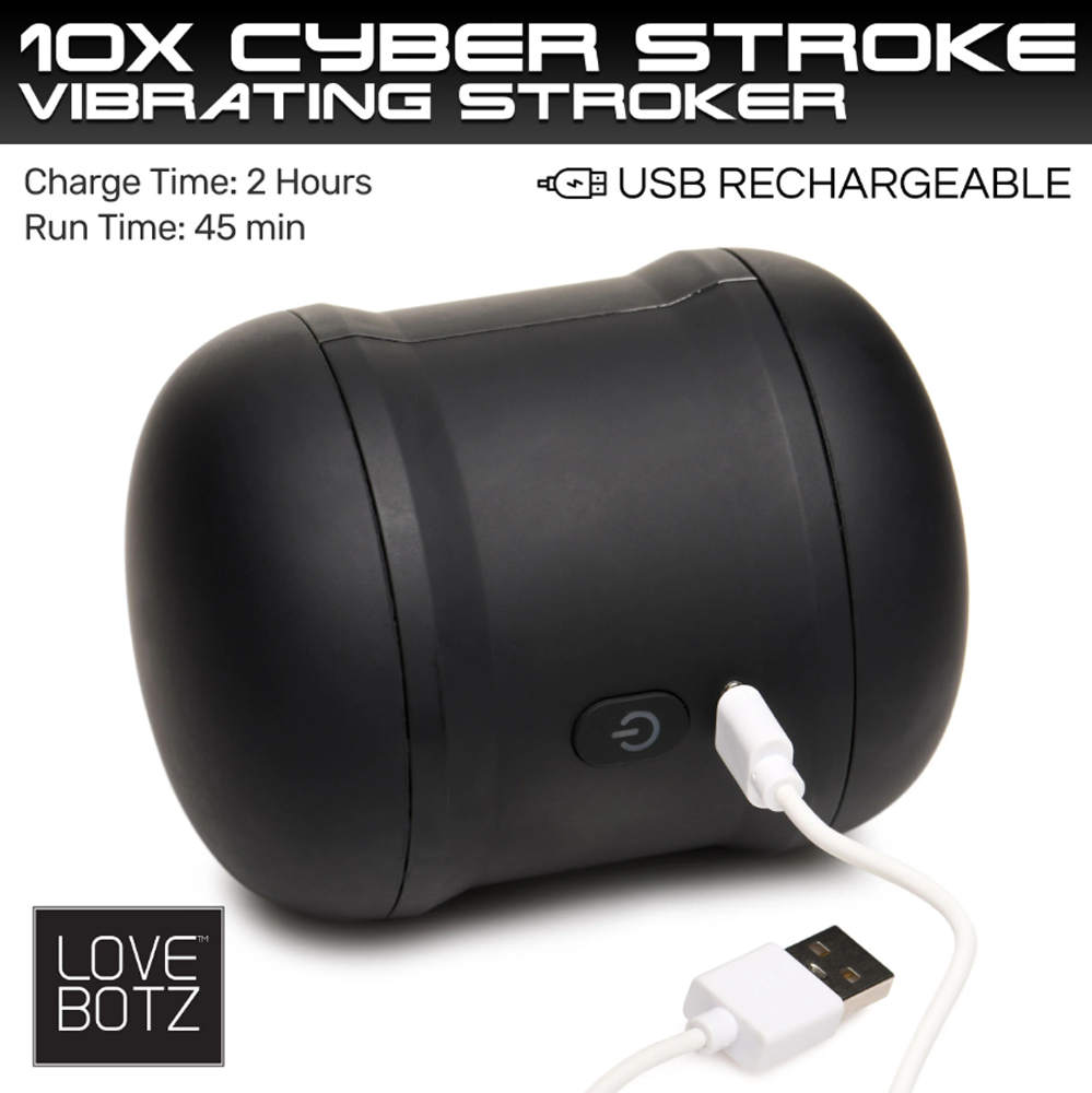 Black USB rechargeable vibrating stroker with power button and charging cable.