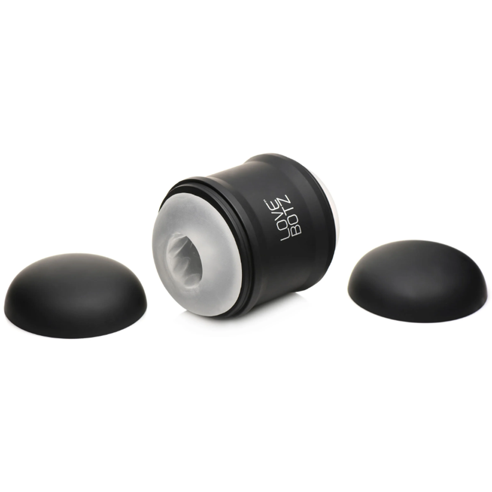 Black vibrating stroker with textured interior and two black end caps.