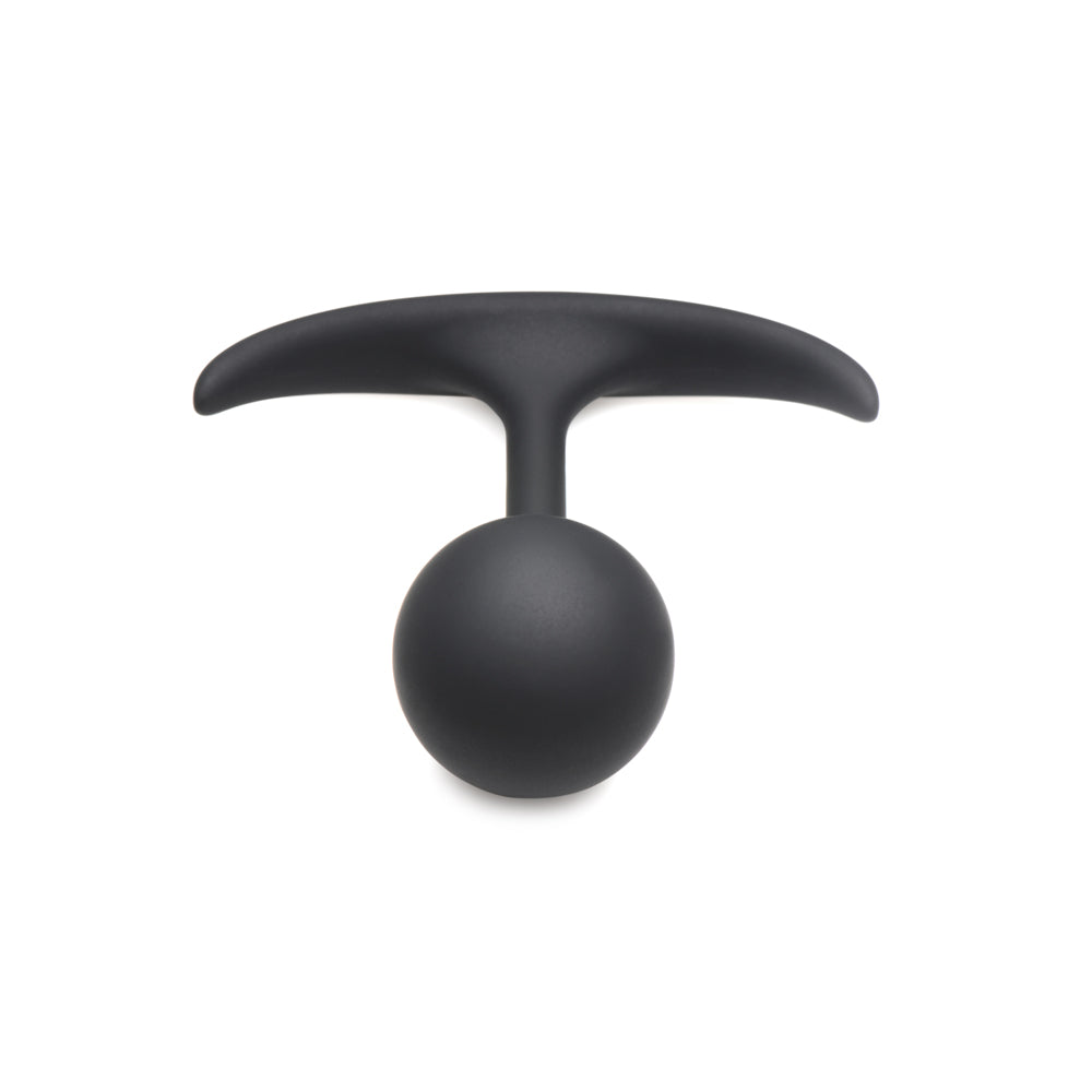 Small black weighted silicone anal plug with a T-shaped handle.