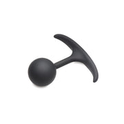 Black weighted silicone anal plug with a curved handle.