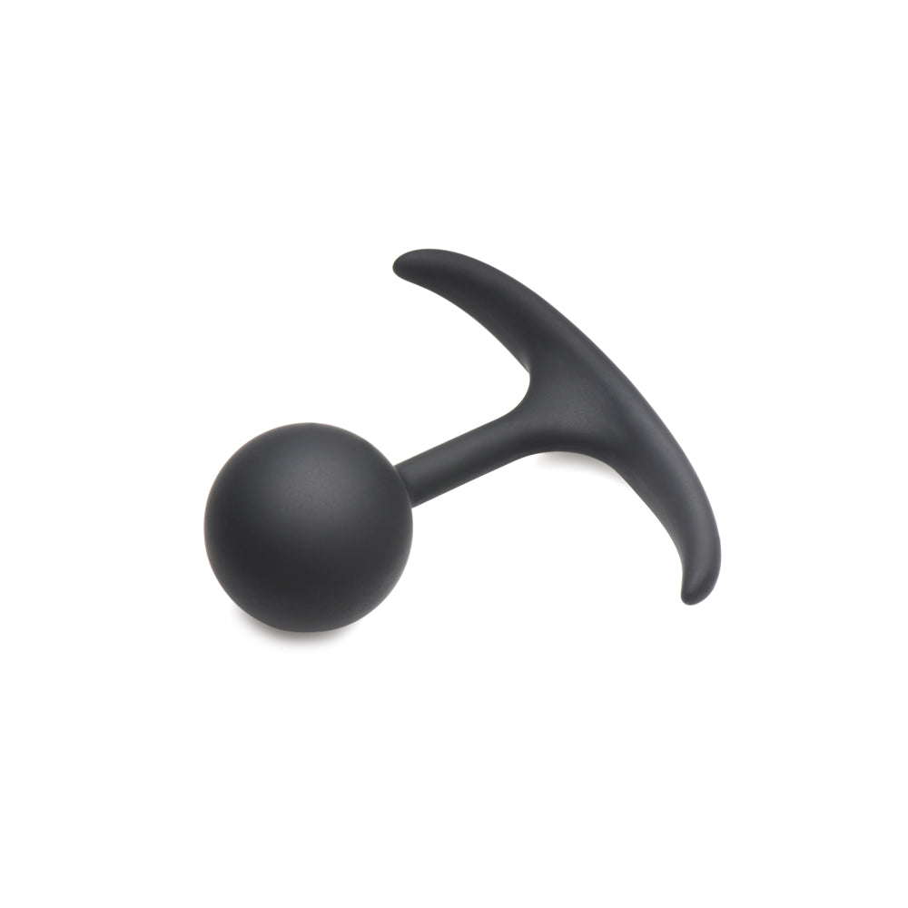 Black weighted silicone anal plug with a curved handle.
