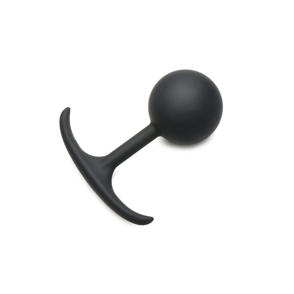 Black weighted silicone anal plug with a T-shaped base.