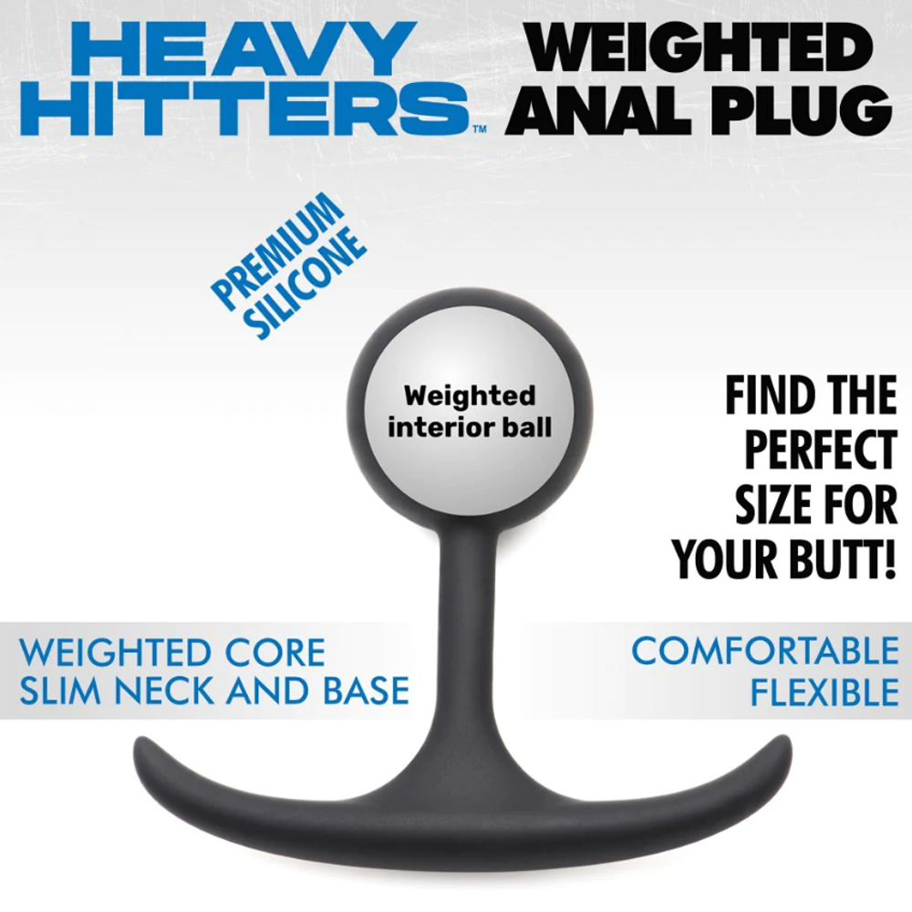 Black weighted silicone anal plug with a weighted interior ball.
