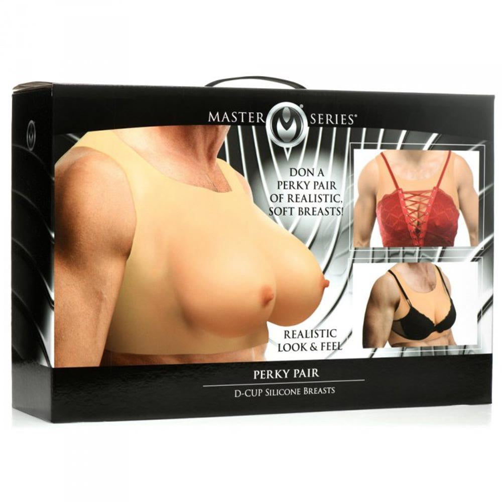 D-cup silicone breast forms in a harness shirt, shown in beige, red, and black.