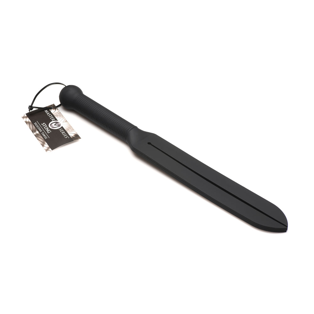 Black silicone split strap impact toy with a ribbed handle.