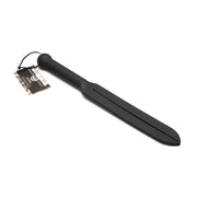 Black silicone split strap impact toy with a ribbed handle.
