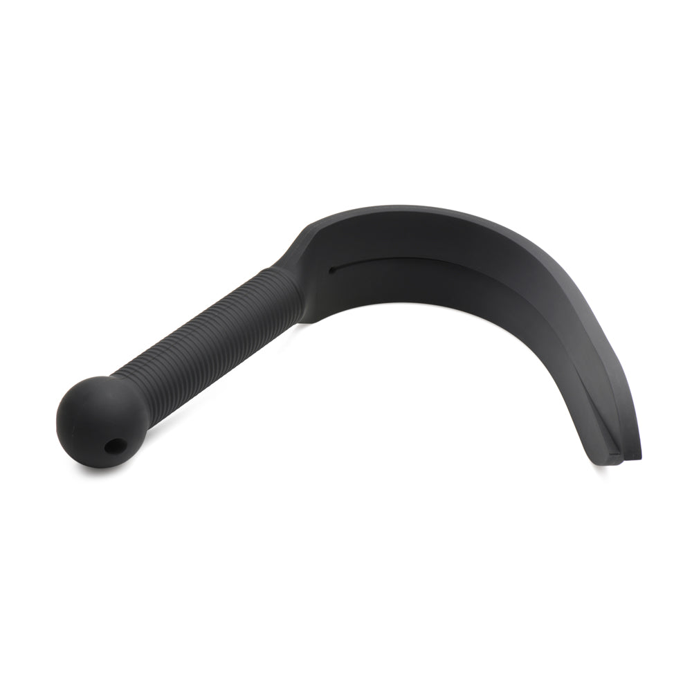 Black silicone tawse with a ribbed handle and a split strap end.