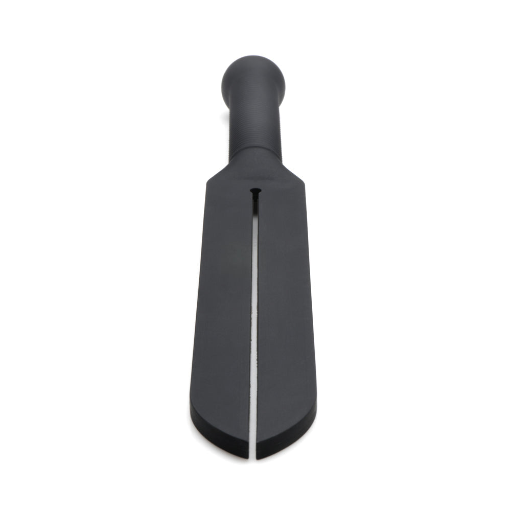 Black silicone tawse with a split strap and ribbed handle.