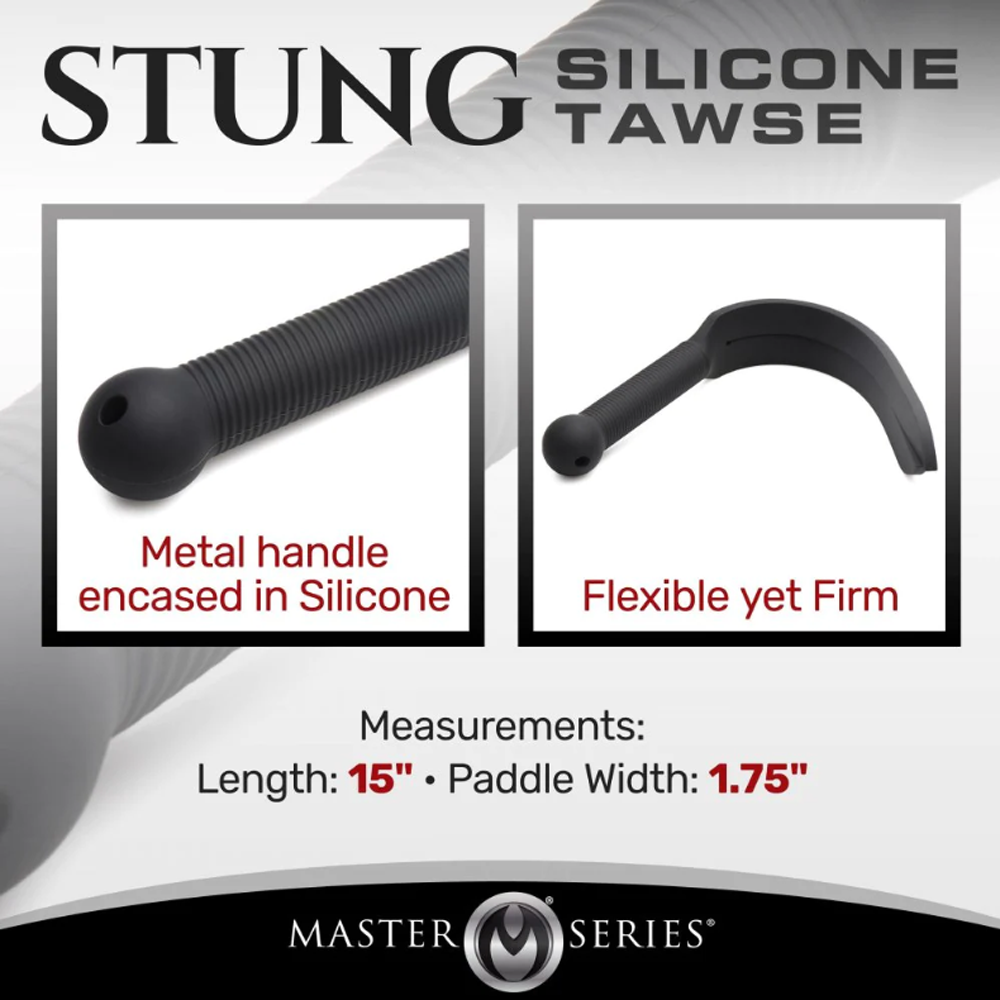 Black silicone tawse with metal handle, 15 inches long.