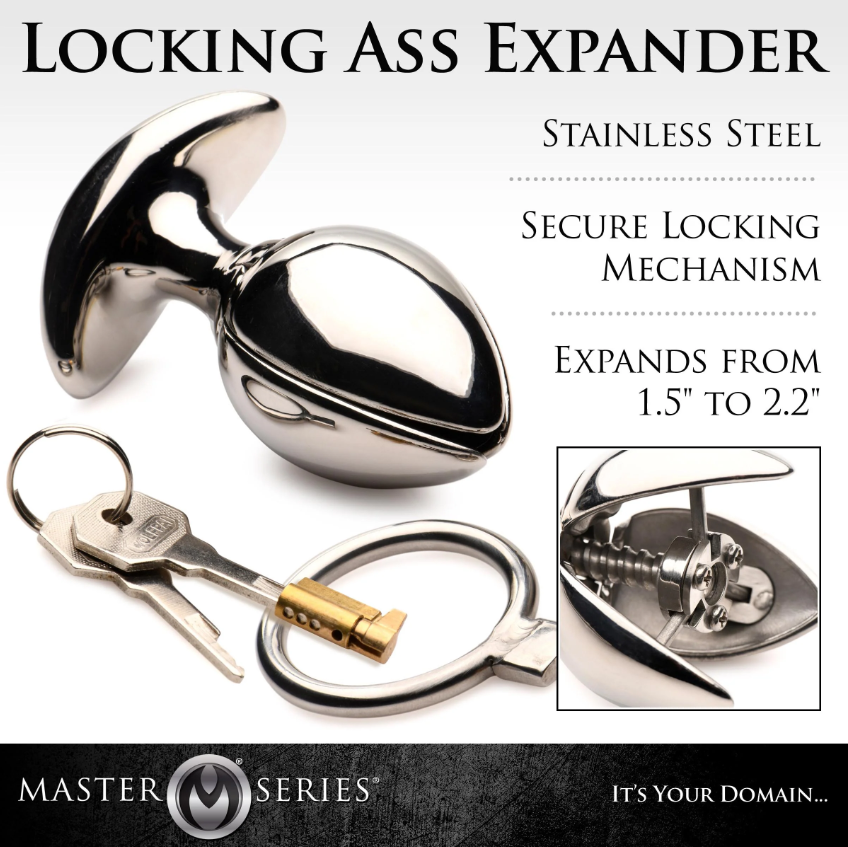 Stainless steel locking anal expander with keys.