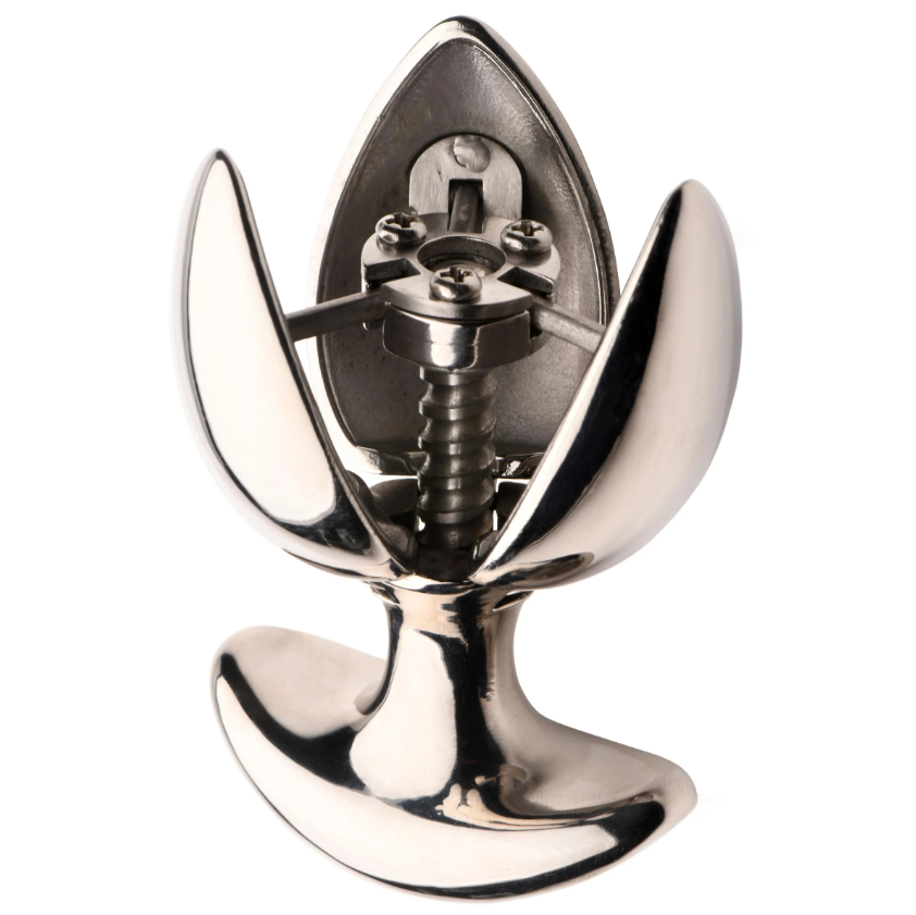 Stainless steel anal expander with locking petals and a screw mechanism.