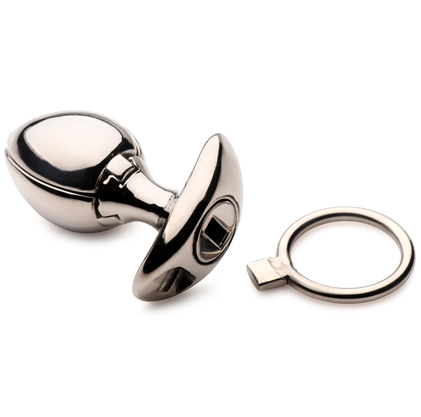 Stainless steel anal expander plug with a removable ring.