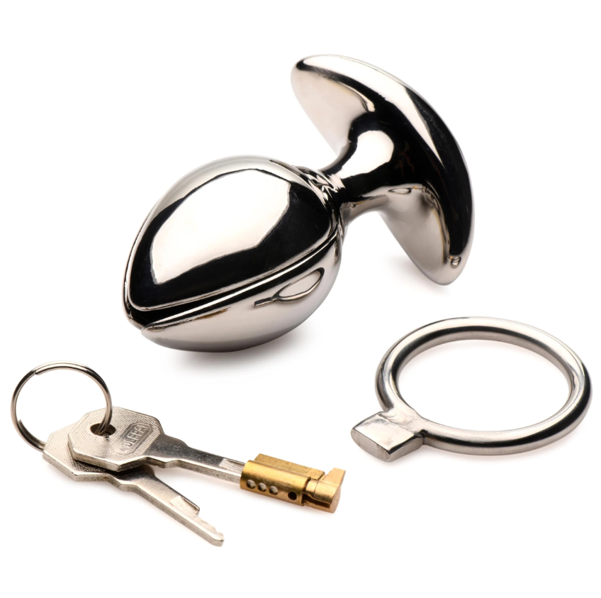 Stainless steel anal expander plug with keys and a locking ring.