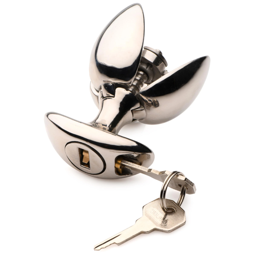 Locking stainless steel anal expander plug with a key.