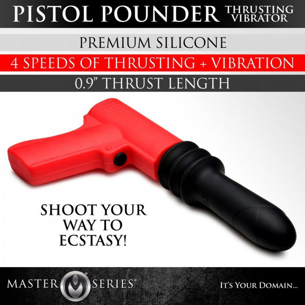A red and black silicone thrusting vibrator with text describing its features.