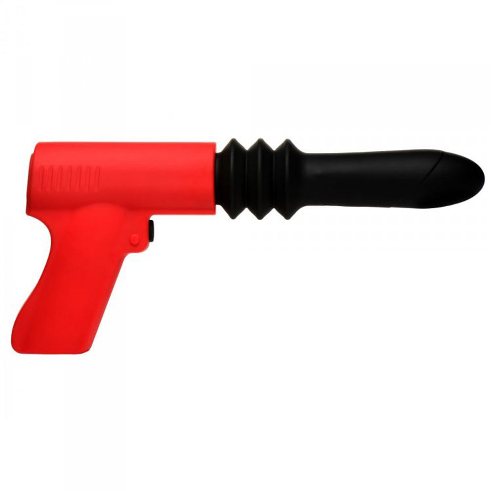 Red and black silicone thrusting vibrator with a ribbed black shaft.
