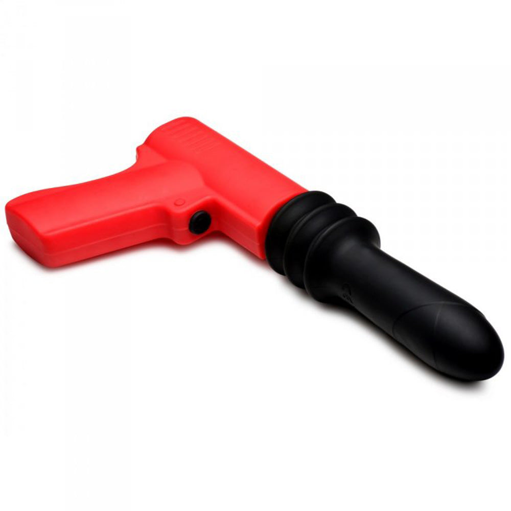 Red and black silicone vibrator with a pistol grip.
