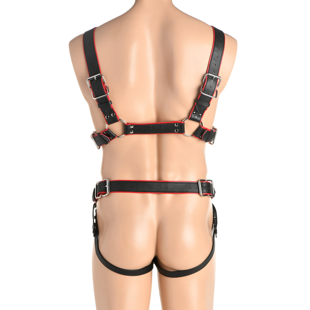 Black and red leather body harness with jock strap and cock ring.