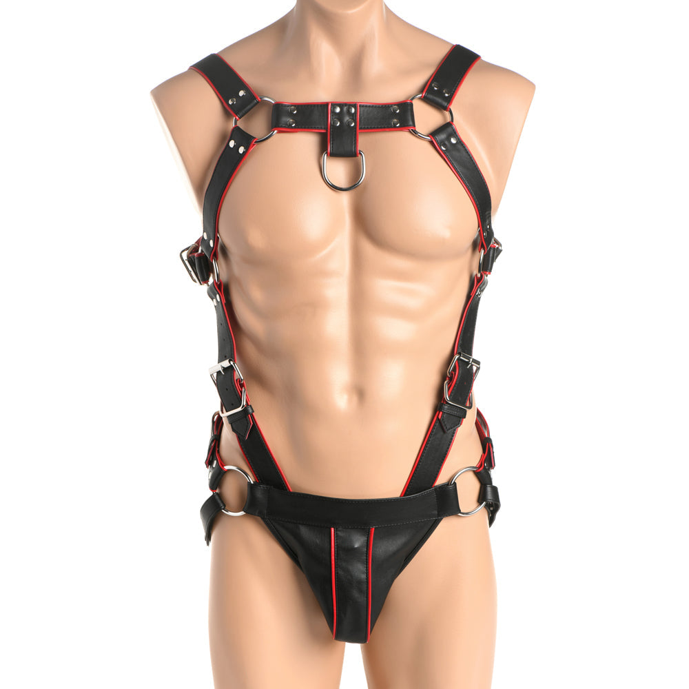 Black and red leather body harness with jock strap and cock ring.