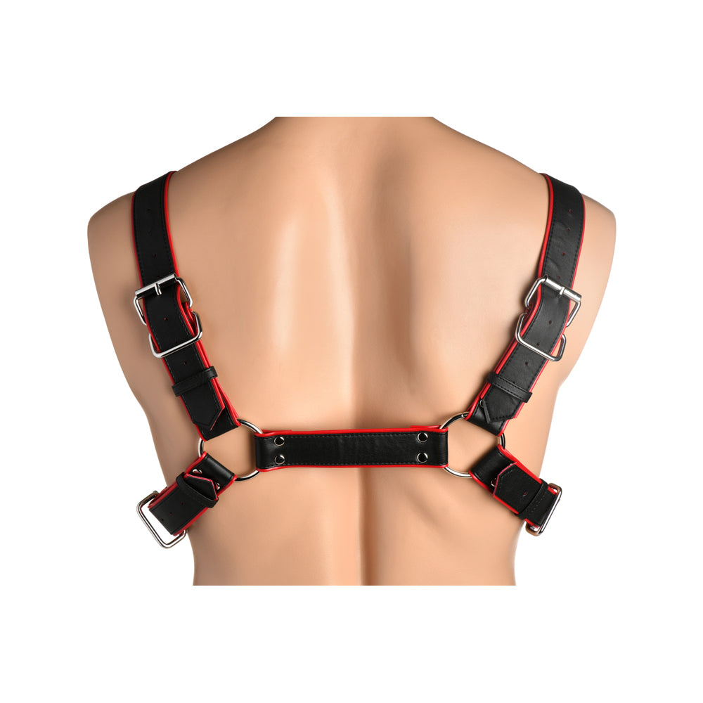 Black and red male body harness with adjustable straps and metal buckles.