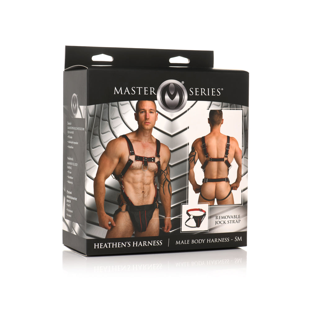 Black and red male body harness with cock ring and jock strap.