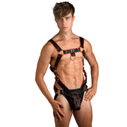 Black and red leather body harness with jock strap and cock ring.