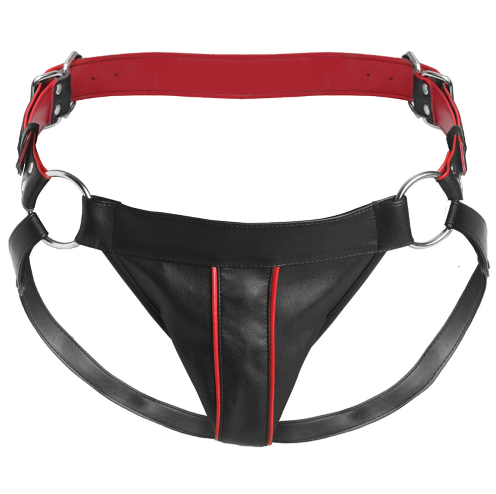 Black and red leather jock strap harness with metal rings.