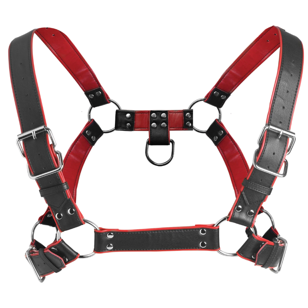 Black and red leather body harness with metal hardware.