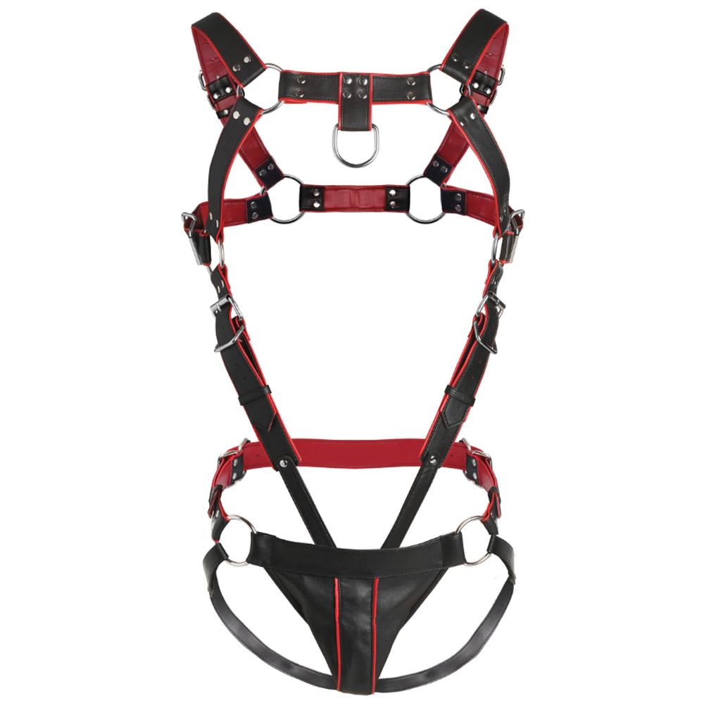 Black and red leather body harness with jock strap and cock ring.