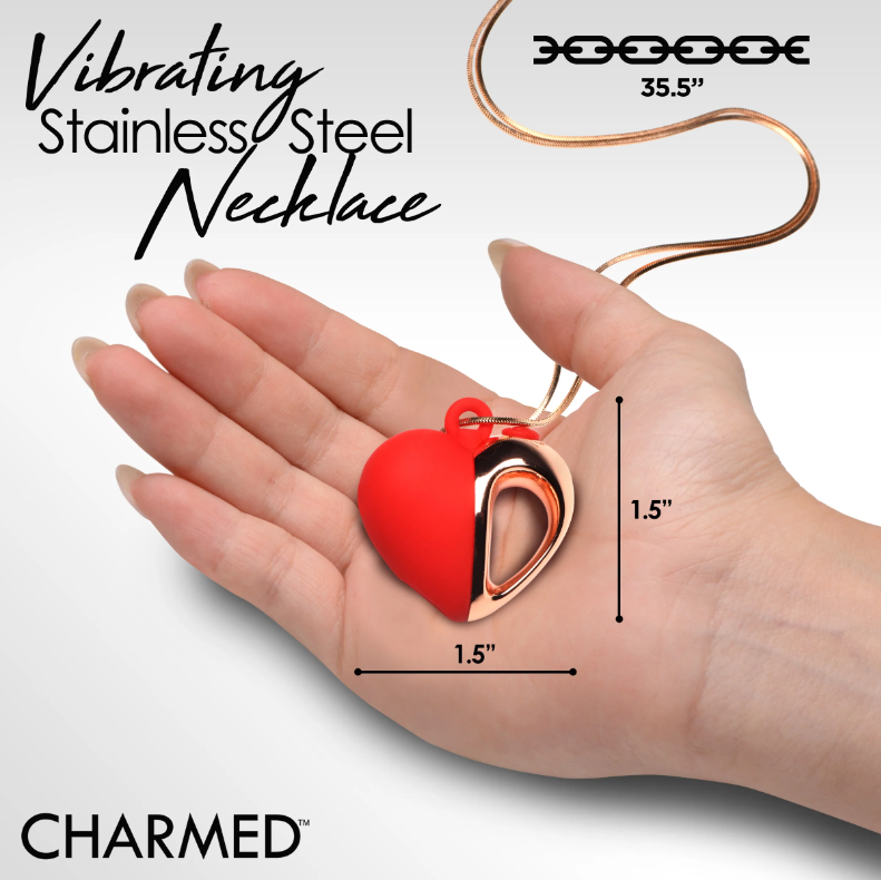 Red and rose gold heart pendant necklace with dimensions shown.