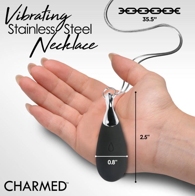 A black teardrop pendant necklace with dimensions shown.