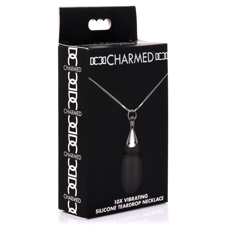 Black box packaging for a vibrating teardrop silicone necklace.