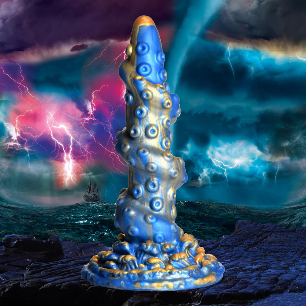 Blue and gold tentacle dildo with suction base.