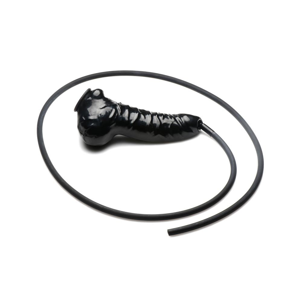 Black latex penis sheath with a silicone hose.