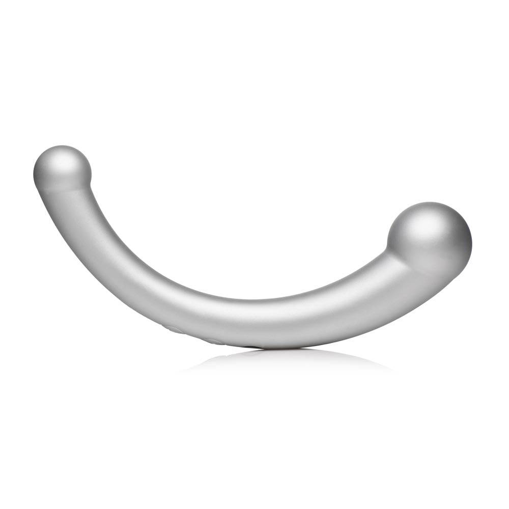 Curved silver silicone vibrator with rounded ends.