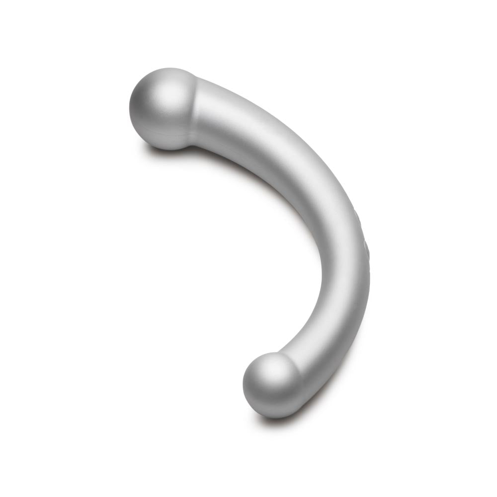 Curved silver silicone vibrator with dual ends.