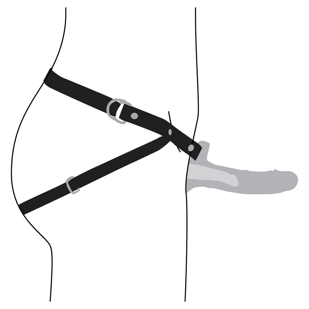 Harness with a vibrating silicone penis sheath.