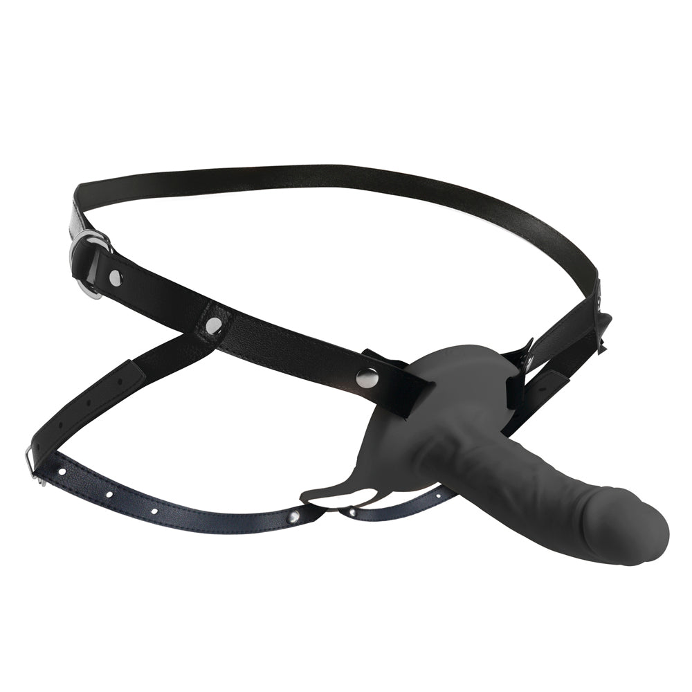 Black leather harness with a grey silicone penis sheath.