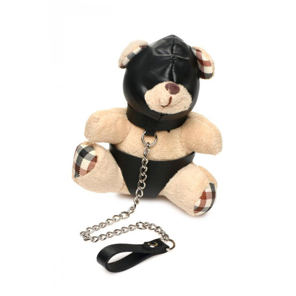 Teddy bear keychain with black hood, collar, and chain leash.