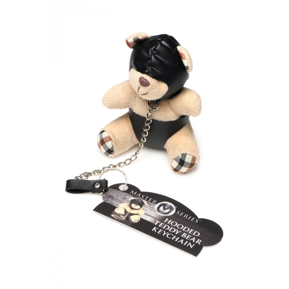 A teddy bear keychain with a black hood and leash.