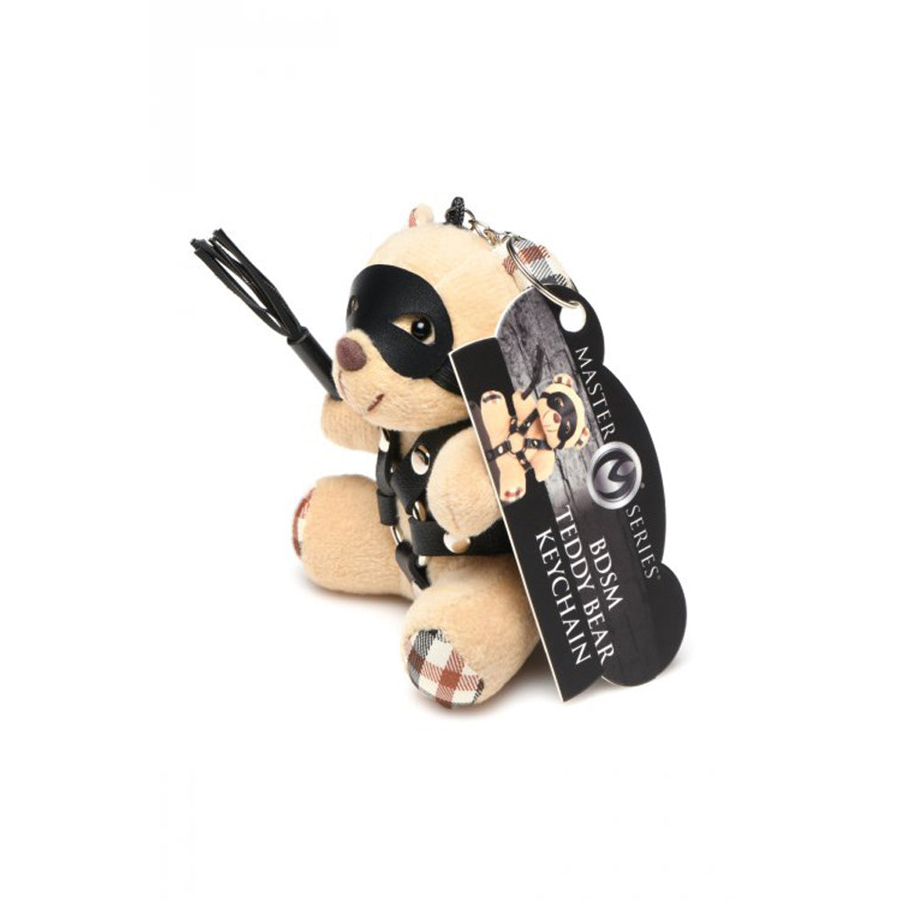 Bondage teddy bear keychain with faux leather harness and mask.